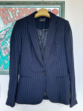 Mango Women’s Navy Pinstripe Single-Button Office Blazer Size XS 34 Tailored Fit